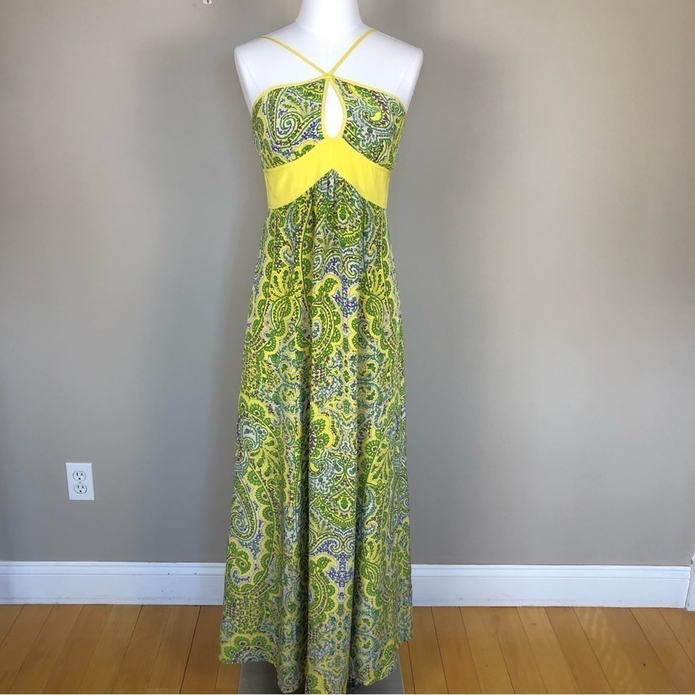 Anthropology Plenty by Tracy Reese yellow green silk maxi dress key hole halter - Picture 1 of 10